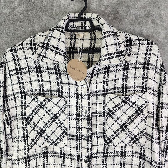 Womens Aaron & Amber Plaid Jacket Button Up Black & White 3/4 Sleeve Raw Hem M - Picture 4 of 11